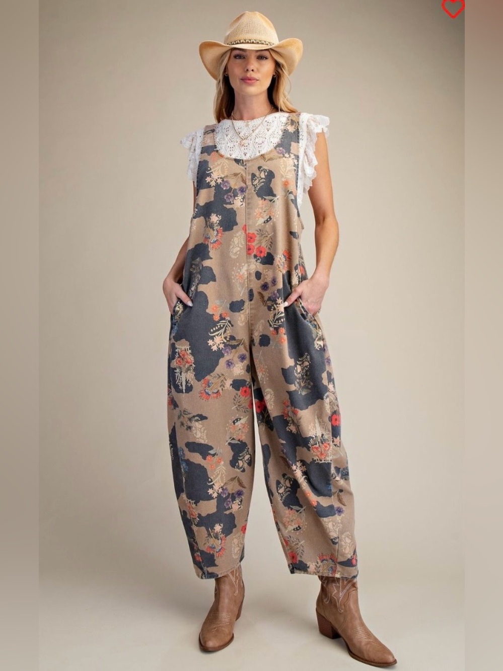 Easel Floral Beige Wide-Leg Overalls